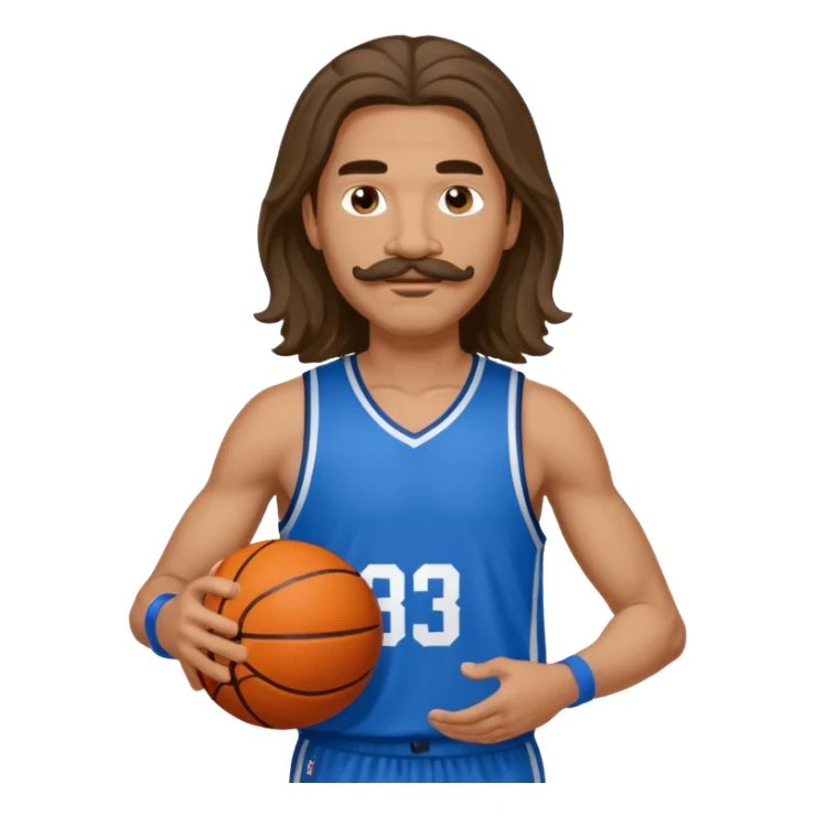 long haired man basketball player blue jersey with mustache holding basket ball sticker