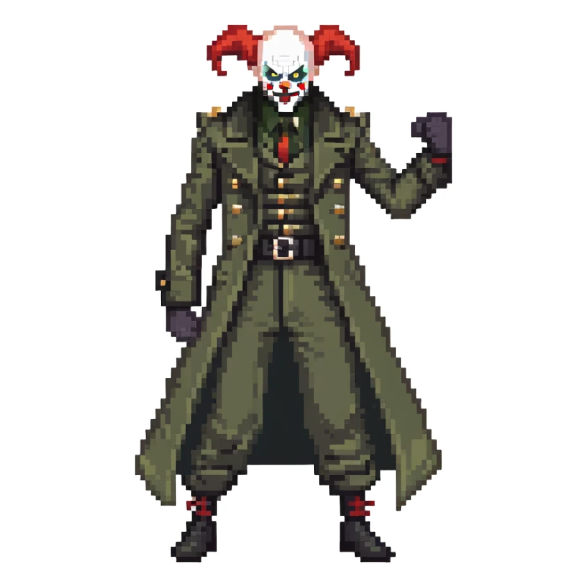 evil clown soldier, bald, small black satan horns on forehead, fangs, pointed ears, eye patch over one eye, long coat over black and military green clothes with bellbottom pants, realistically proportioned, less bulky, full body, fighting stance sticker