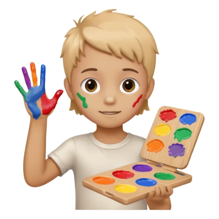Kid with finger-painted hands and body, palette sticker
