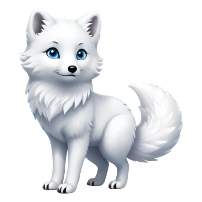 cinematic-arctic-fox-realistic-full-body-standing-emoji,-fluffy-tail-curled-slightly-around-its-white paws,-thick-sleek-white-fur-blending-into-the-snowy-landscape,-head-tilted-dramatically,-bright-blue-eyes-glistening-with-intelligence,-simplified-yet-realistic-focused-features,-highly-detailed,-glowing-with-an-almost-sarcastic-glow expressive eyes sticker