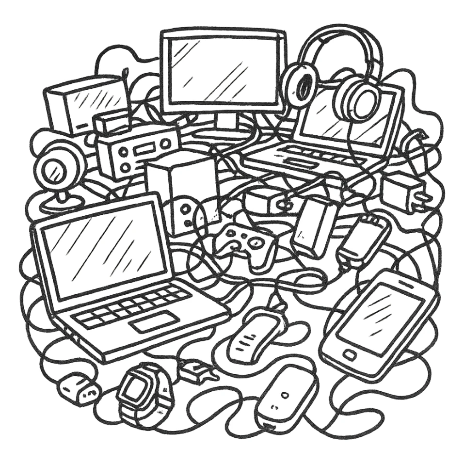chaotic scene with too many gadgets and screens, hand-drawn outline style sticker