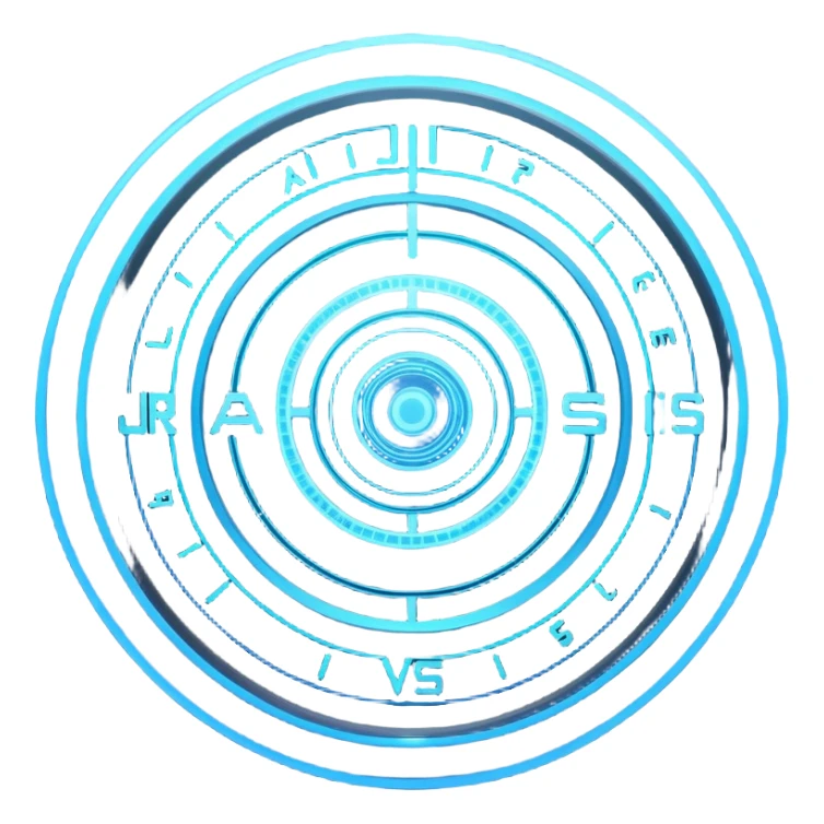 A circular blue holographic interface made of concentric rings, glowing tick marks, and data arcs, with the text “J.A.R.V.I.S.” centered, resembling a futuristic digital HUD floating in space. sticker