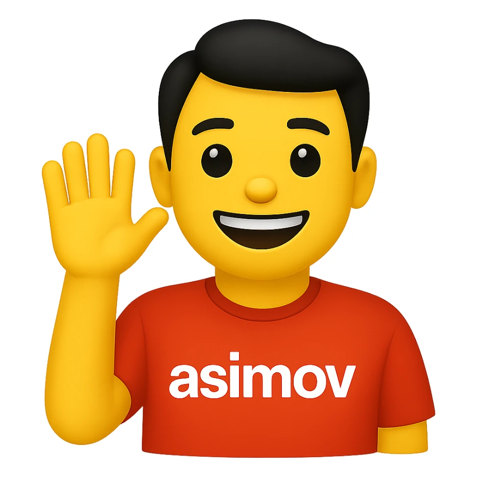 Convert the image of an office worker wearing a red 'asimov' t-shirt saying hello into a simple and expressive apple style emoji with a transparent background. Focus on capturing the essence of the office worker and the red 'asimov' t-shirt in the emoji style. sticker