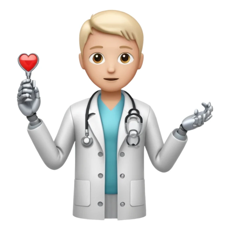 medical robot wearing a white coat and a stethoscope sticker