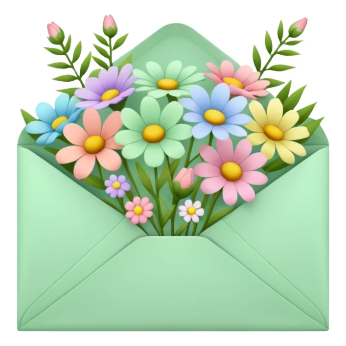 Pale green envelope, open, with flowers inside sticker