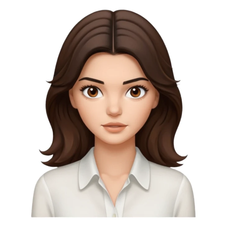 brunette Kendall Jenner con cabello ondulado marrón, ojas cafés oscuros con blusa blanca  sticker