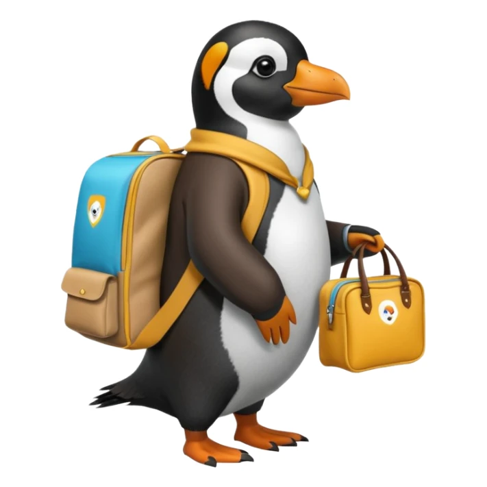 Una persona de apariencia peruana, vestida con ropa característica sin pelo montado a espaldas de un pingüino con una bolsa de la empresa de reparto glovo en la espalda sticker
