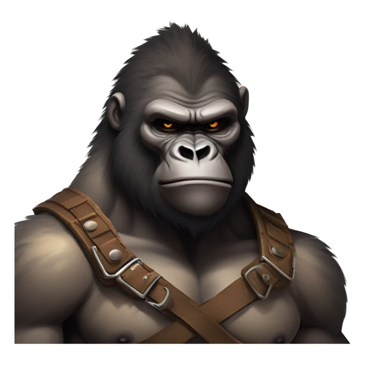Gorilla-like warrior, tan muscular body, fresh chest wound. Leather and fur armor, stern expression, shadowy wild setting. Muted colors, intense and primal atmosphere. sticker