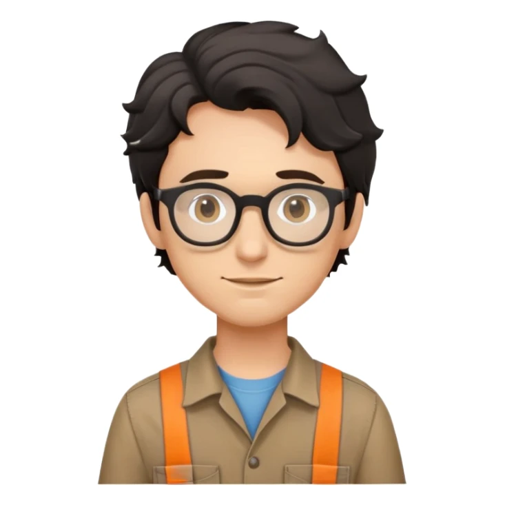 Young caucasian carpenter with black wavy hair, round glasses, brown work clothes with shirt underneath sticker