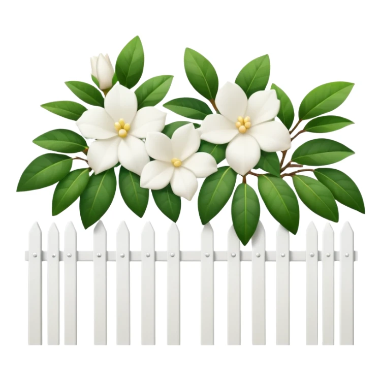 White fence with white gardenias growing in front of it sticker