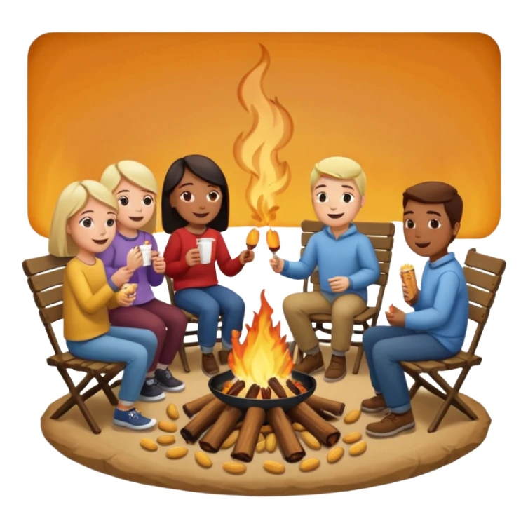 Born fire and people sitting beside born fire on chairs eating peanuts. Born fire is in the centre sticker