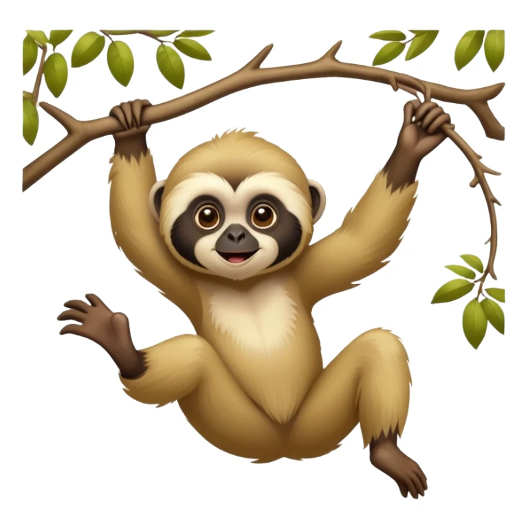 adorable lar gibbon, disney-style, swinging from a tree branch sticker