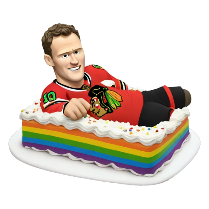 Jonathan Toews laying on a rainbow cake sticker