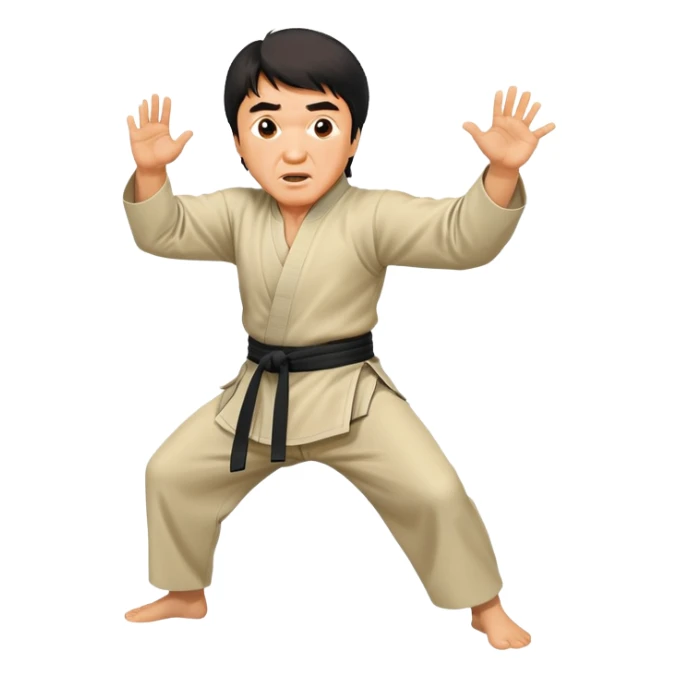 Jackie Chan in kung fu pose with his classic surprised expression, martial arts stance sticker