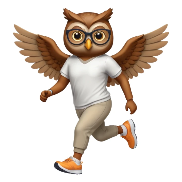 friendly anthropomorphised owl with visible wings, in pants and a shirt, wearing glasses, jogging upright, relaxed pose sticker