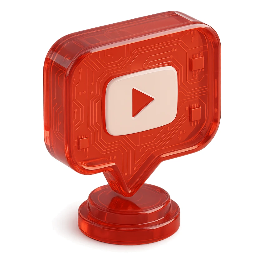 red speech bubble with a red YouTube white play button, like a trophy, glossy circuit style sticker