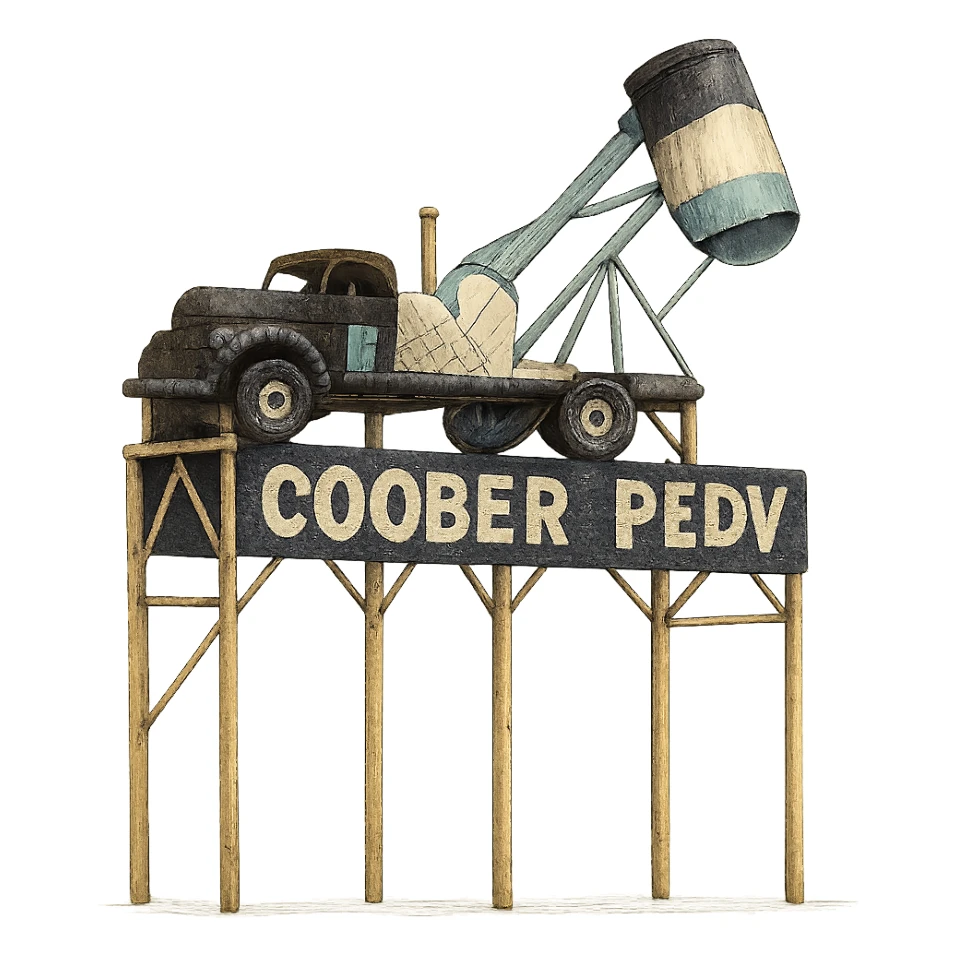 Такая же картинка с надписью Coober Pedy в слегка рисованном, но при этом объёмном стиле, прозрачный фон sticker