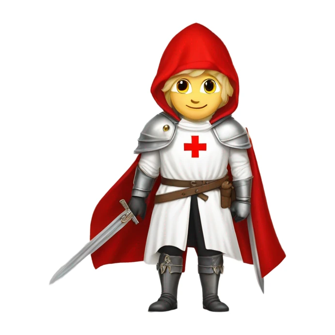 blond haired Masonic knight Templar wearing a white tunic with a Red Cross on the front and a white mantle with a hood with a Red Cross on the left side and a male face with a red cap and holding a sword. sticker