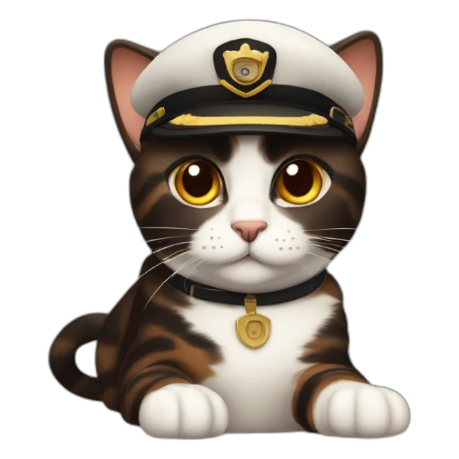 full brown and black calico cat wearing a pilot hat sticker
