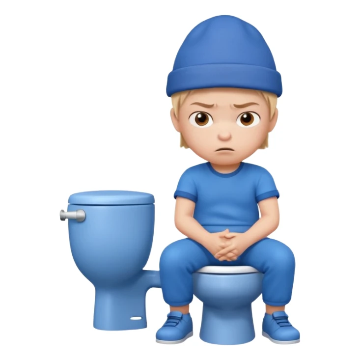 3D cartoon child character in blue outfit and blue hat, sitting on a toilet, looking angry with crossed arms, pastel background, preschool animation style." sticker