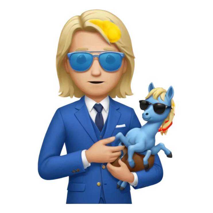 A blond man in a blue suit with a Colt pointing forward. The audience , and long hair and san glasses sticker