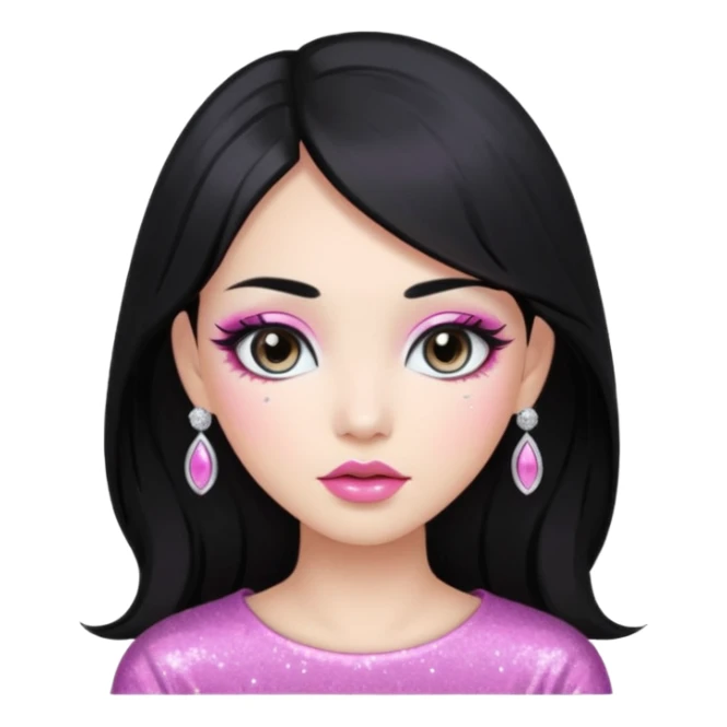 asian long black hair silver grey eyes glossy lips glittery white and pink eyeshadow girl sticker