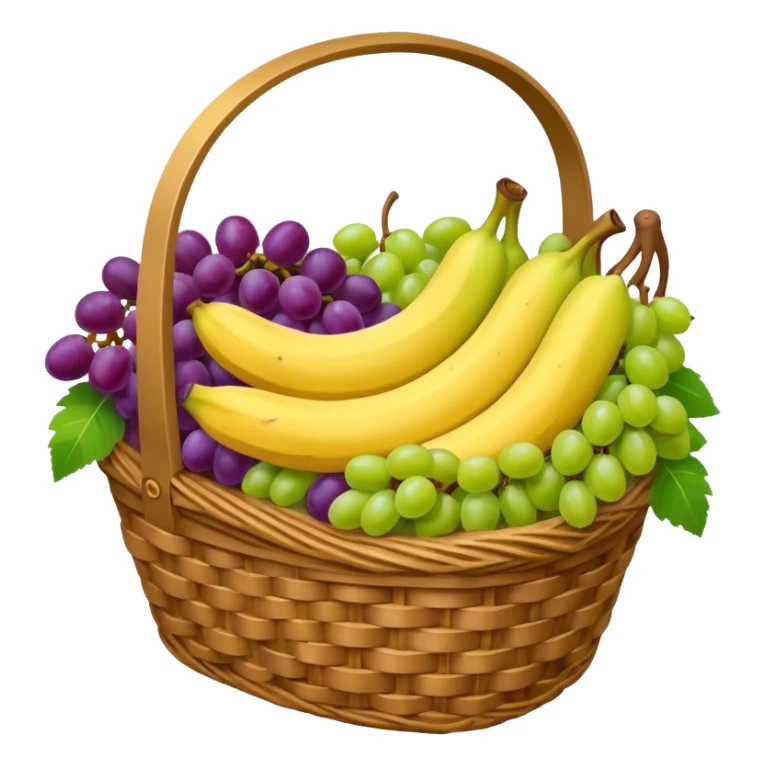 A wicker basket filled with apples, grapes, and bananas.






































 sticker