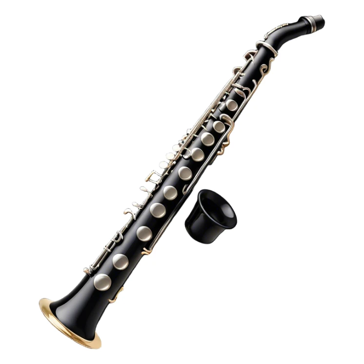 Create a sleek and professional emoji representing a black standard clarinet. The design should feature a smooth, glossy black body of the clarinet with shiny, silver keys clearly visible. Highlight the intricate details of the mouthpiece and reed at the top, while the body of the instrument should remain simple and elegant. Add subtle musical notes or soundwaves floating around the instrument to symbolize its clear, melodic sound. Use black for the body, silver for the keys, and soft lighting effects to give the instrument a polished, sophisticated look. The background should be transparent. sticker