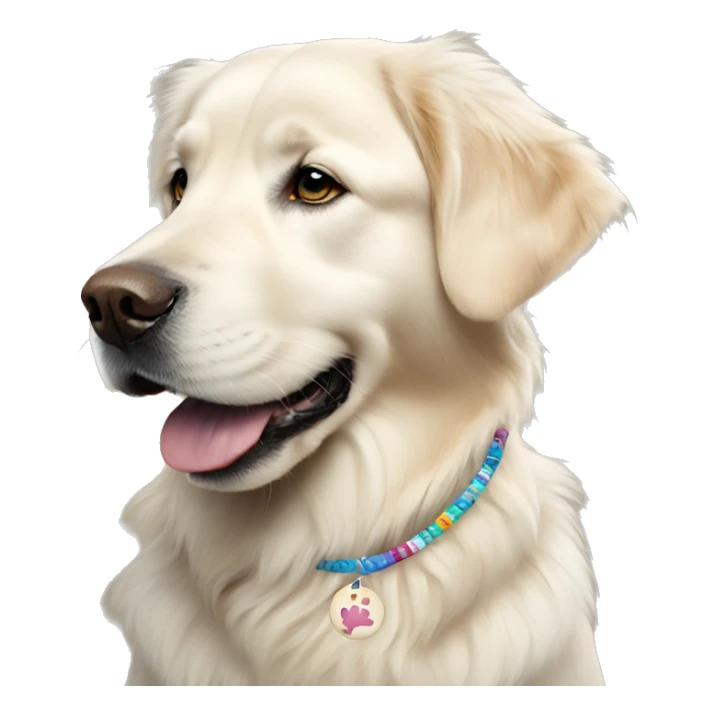 White golden retriever wearing a friendship bracelet sticker