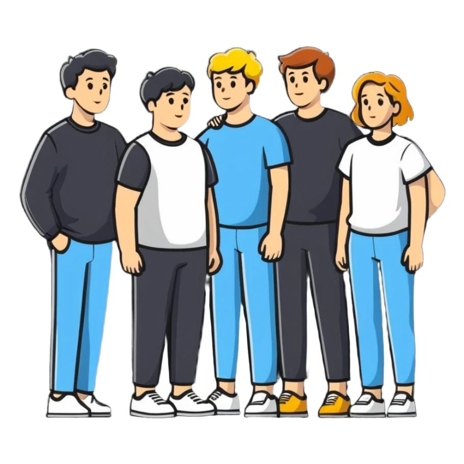 team of five caucasian people standing together sticker