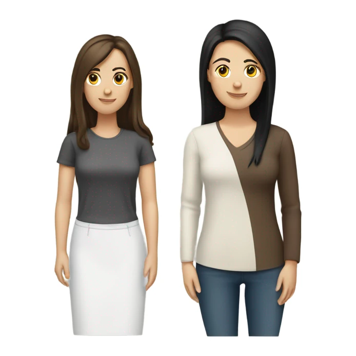 two caucassian woman with brown hair standing next to each other. One has black hair the other one has brown hair and is slightly shorter then the woman with black hair sticker