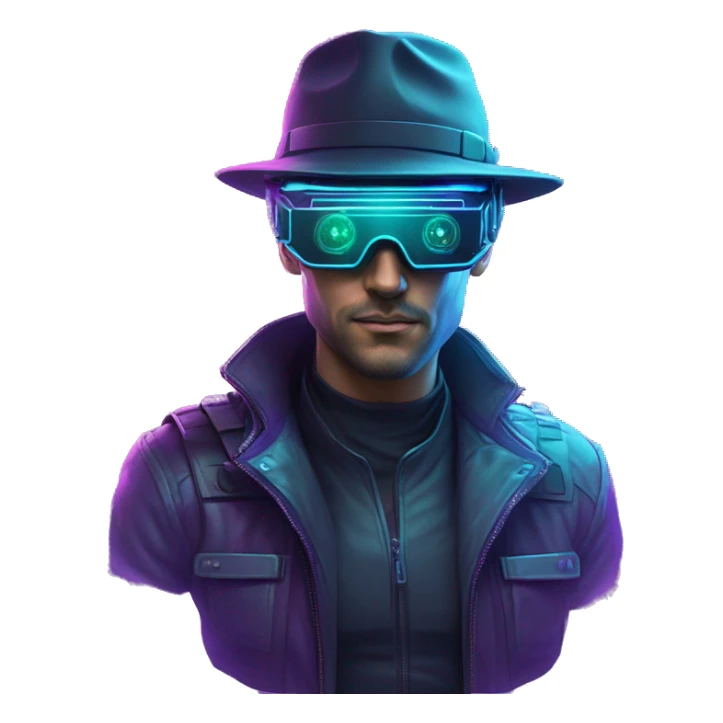 Secret human agent in a hat with  cyberpunk elements in VR googles scanning looking reviewing multicolor lines of code, cyan and purple colors, only upper body portrait sticker