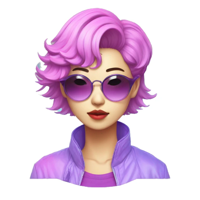 a short-haired Taiwanese lesbian as a designer with vaporwave style, without makeup, with earings, sunglasses with vaporwave image on it. sticker