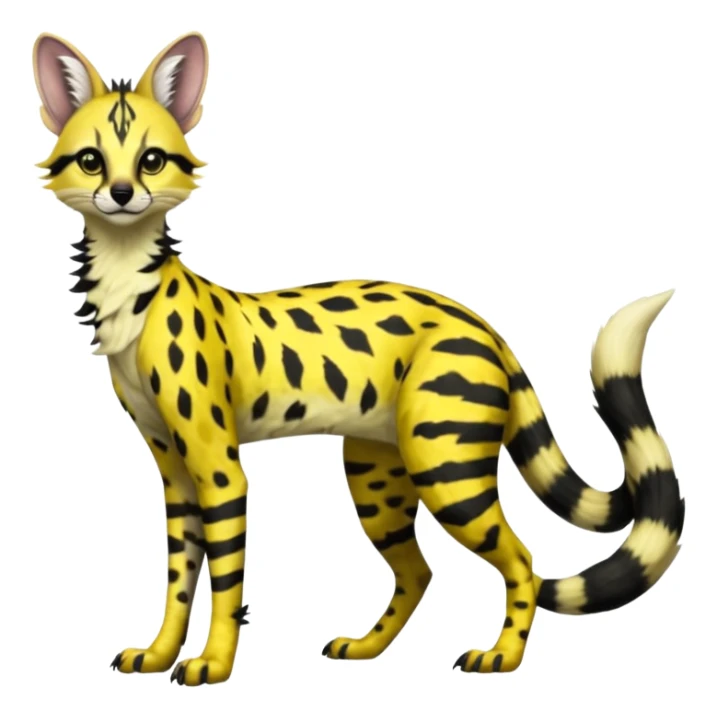 Edgy cool beautiful elegant spotted hype-realistic, black-maned, vibrant yellow Genet-Serval-Sergal-Margay-Fox-fusion-hybrid-furry-fursona, tall long body, long muzzle snout, full body, with a long puffy fluffy black-and-white-striped tail, black long big ears, with natural blue eyes sticker
