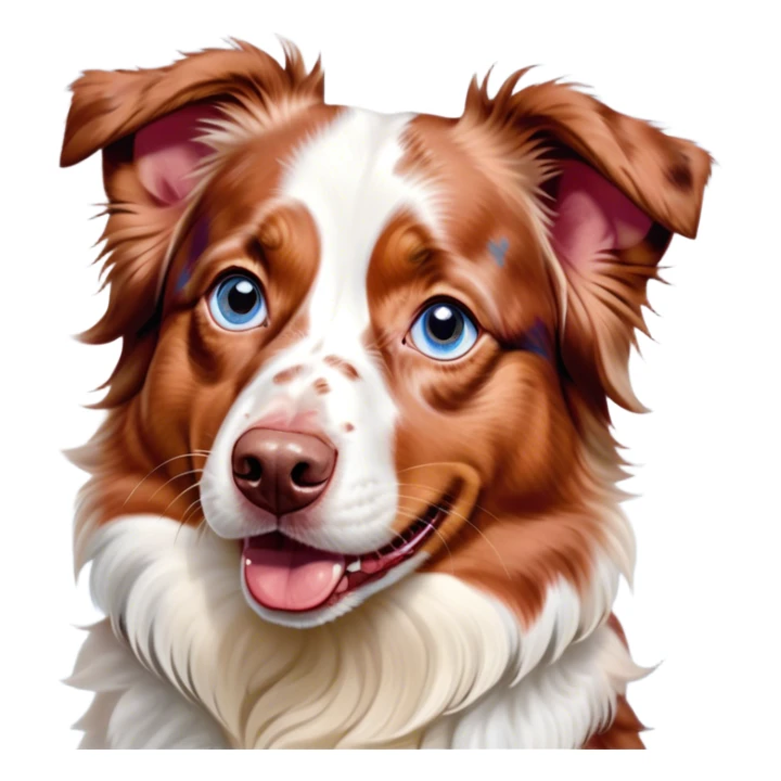 Cinematic Comical Predominantly White Red Merle Australian Shepherd Portrait Emoji, Head tilted dramatically with an exaggeratedly shocked or offended expression, predominantly white fur with distinctive red merle patches, wide, expressive blue eyes filled with exaggerated disbelief, Simplified yet hilariously expressive features, highly detailed, glowing with a slightly sassy glow, high shine, dramatic yet playful, stylized with an air of attitude, bright and endearing, soft glowing outline, capturing the essence of a sassy and over-the-top pup, so meme-worthy it feels like it could side-eye its way into internet fame instantly! sticker