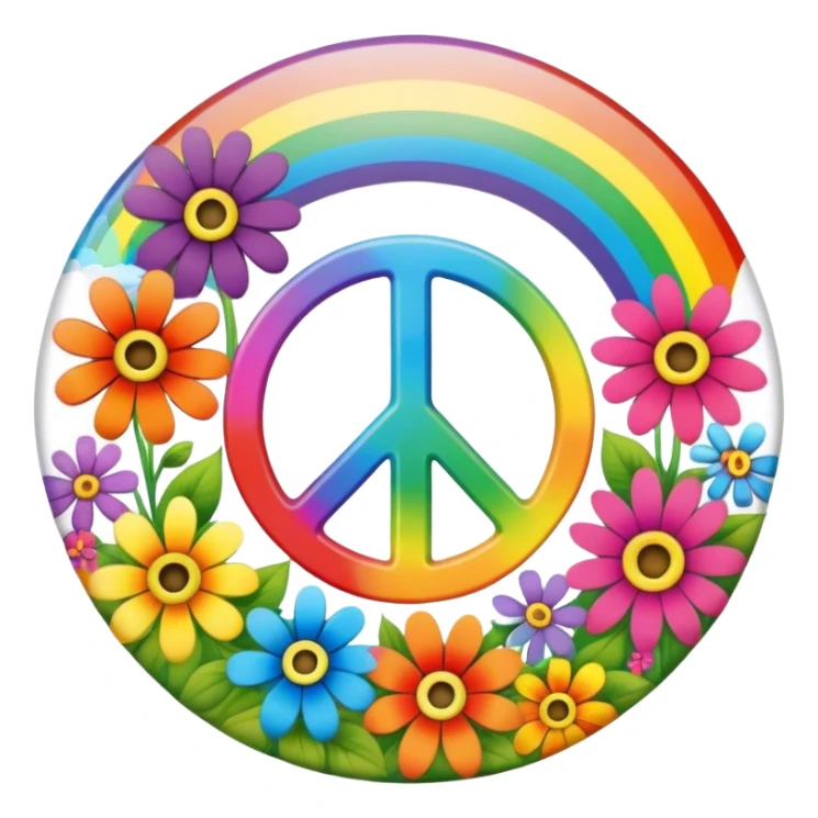 A round psychedelic colored button with the word Peace in the center surrounded by rainbow colored hippie style flowers sticker