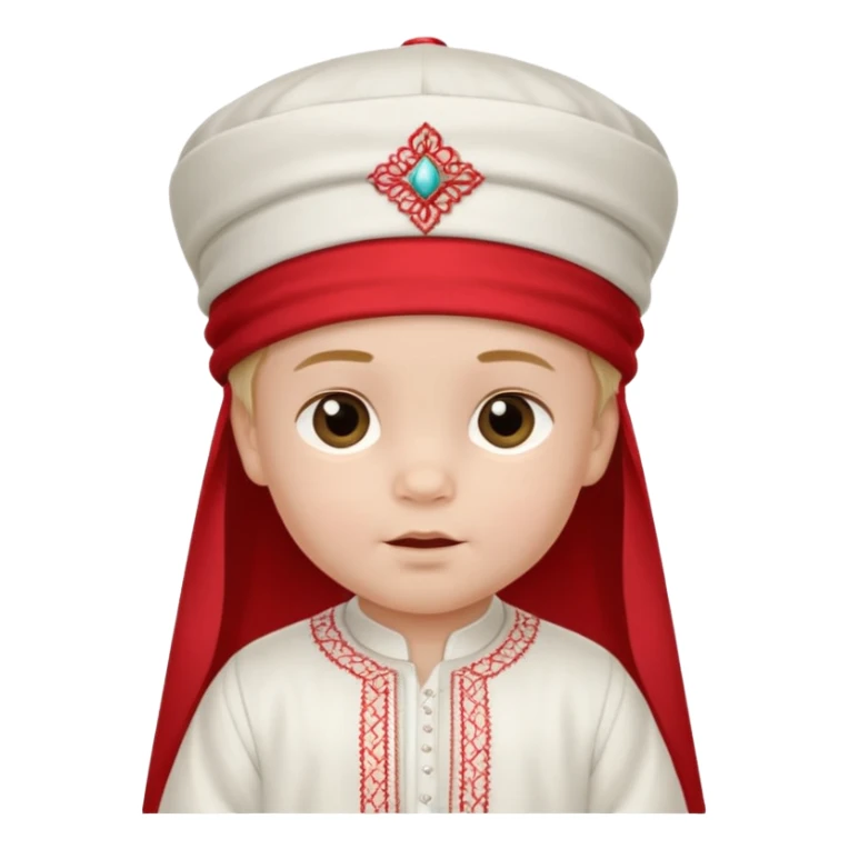  baby boy dressed in wight ghalibiya with delicate decorations with a red Moracain hat  sticker