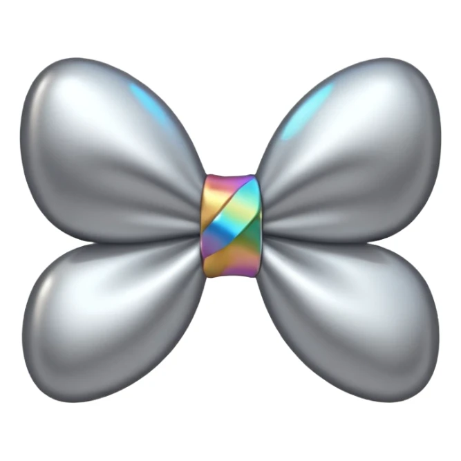 A cute bow emoji made of polished silver chrome, smooth rounded loops, glossy metallic surface, soft mirror reflections, subtle highlights, minimal and adorable proportions, iOS emoji style, centered composition, clean white background, soft studio lighting, no text, no outline, ultra high quality sticker