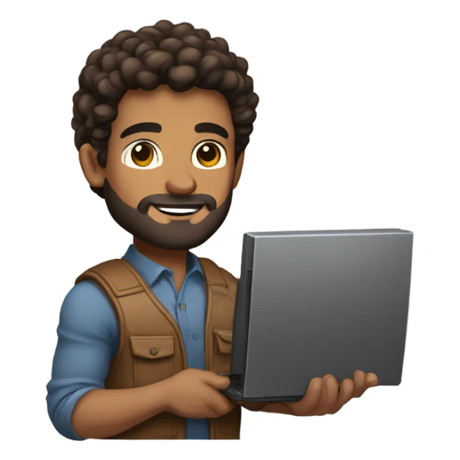 men holding his computer in hands. light brown skin men with curly dark brown hair, brown eyes, little grown beard. ust a tiny bit muscular. dressed casual. round face. sticker