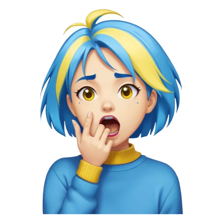 Create a small, circular emoji version of this sticker: a stylized cartoon girl with bright blue hair and a yellow sweater clutching her throat, mouth open in a dramatic gasp. Simplify the lines and shading for emoji clarity, preserve the bold color palette, and keep the exaggerated expression. sticker