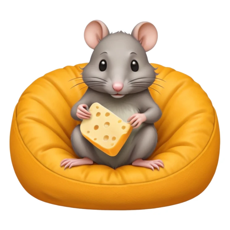 rat sitting in bean bag chair while eating cheese sticker