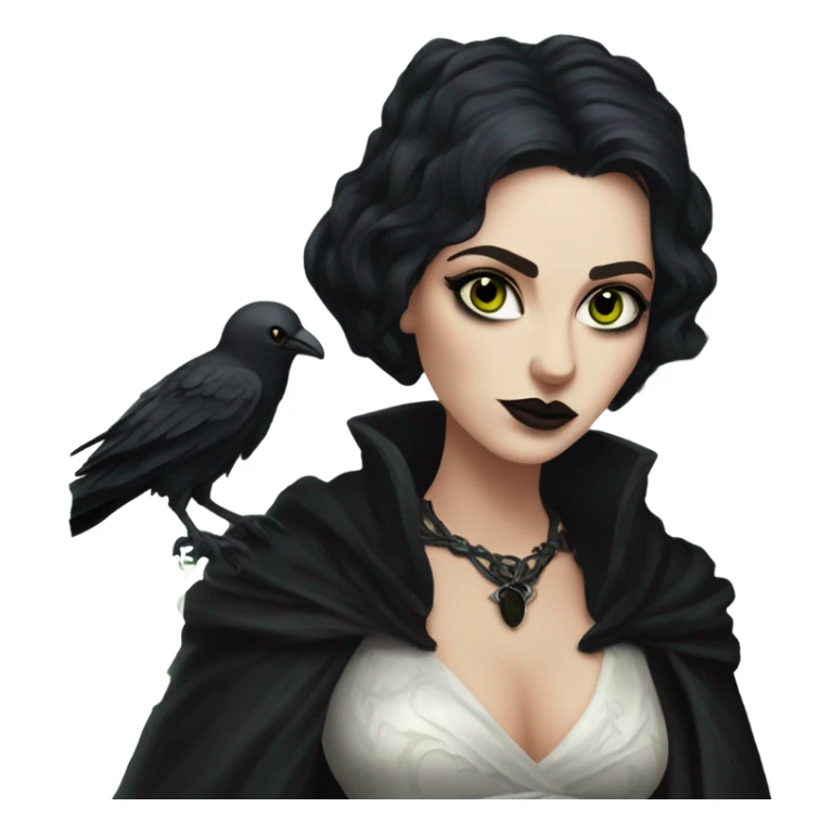 the morrigan goth woman version vines style furr robe stylish boots, perfect eyes, raven on hand, green vines decor on ground sticker