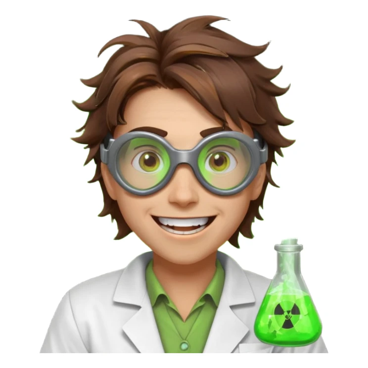 mad nuclear scientist portrait, head and shoulders only, messy hair, cracked goggles, glowing radioactive green light, excited crazy smile, 3D cartoon, mobile game icon style, clean background, no text, no watermark
 sticker