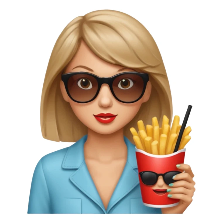 Taylor Swift, wearing sun glasses,  holding a cup of fries





































 sticker