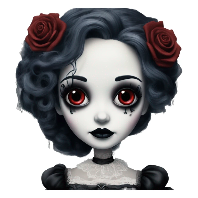 tim burton corpse bride, porcelain doll with a cracked face, goth makeup, long hair, lace and ruffles, lolita style, inked, black and white, red roses sticker