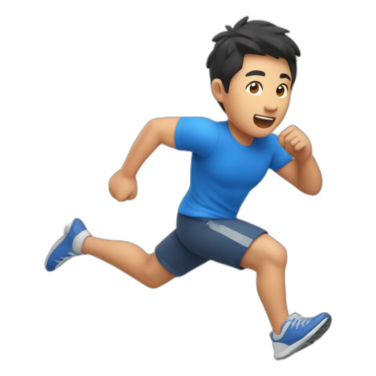 an asian man with red shirt and blue short running fast on grass land sticker
