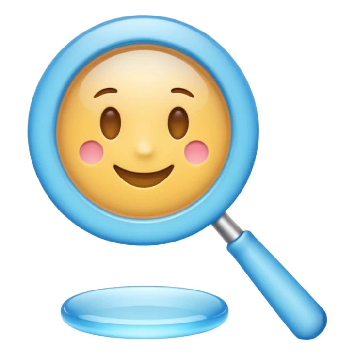 A 3D emoji-style magnifying glass, smooth rounded shapes, soft gradient blue ring, glossy plastic material, subtle highlights and reflections, simple minimal design, pastel blue color, slightly thick proportions, soft lighting, clean white background, modern emoji aesthetic, centered composition sticker