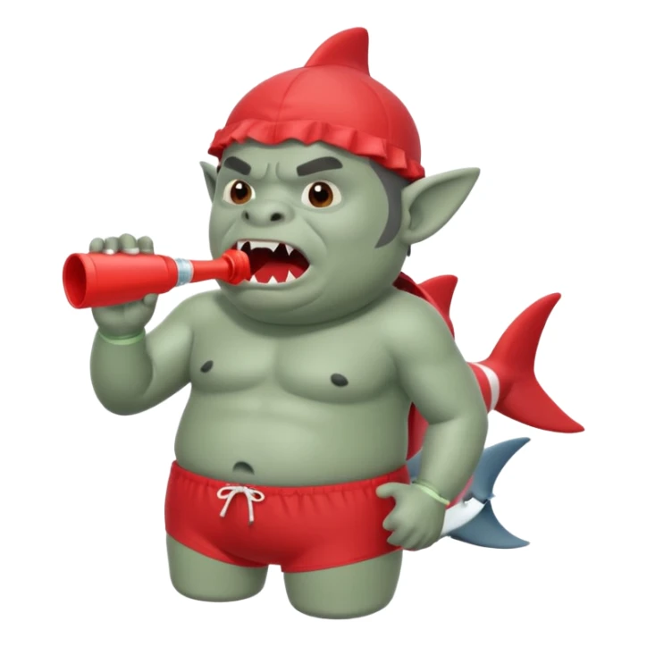 orc male in shark floatie, blowing whistle. Red swim trunks sticker