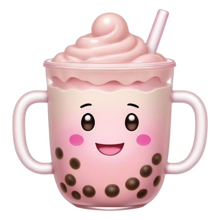 Cute Kawaii Boba Tea Cup, with a happy smiling face, chubby round shape, pastel pink and brown colors, soft glowing highlights, adorable tapioca pearls floating inside, sparkling eyes full of joy! sticker