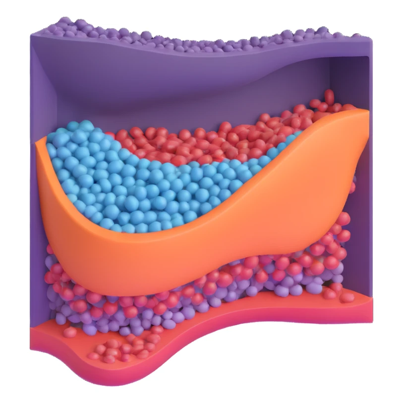 minimal 3D cross-section of a biological membrane with phospholipid bilayer, one channel protein, visible movement of molecules through the channel, schematic and clear sticker